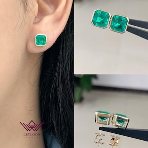 Asscher Cut Green Color Bezel Basket Lab Grown Colombian Emerald Push Back Earrings