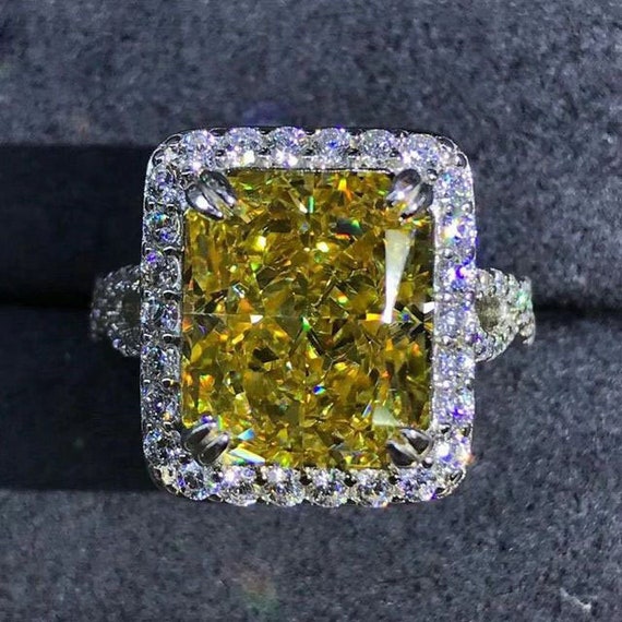 7 Carat Radiant Cut Moissanite Ring Vivid Yellow VVS Halo Infinity