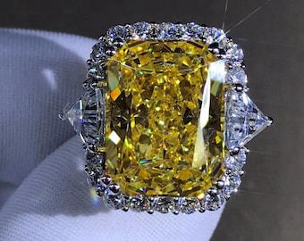 12.5 Carat Radiant Cut Vivid Yellow VVS Halo Three Stone Moissanite Ring