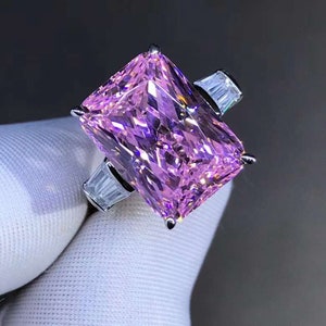 6 Carat Pink Elongated Cushion Cut Three Stone VVS Moissanite Ring