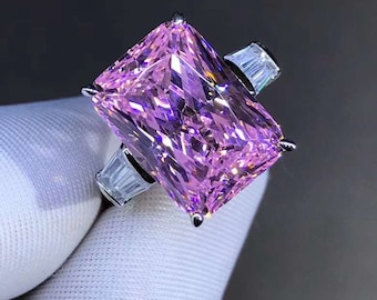 6 Carat Pink Elongated Cushion Cut Three Stone VVS Moissanite Ring