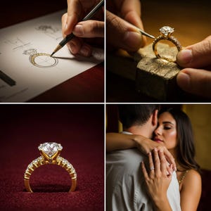 May include: A gold engagement ring with a large, round, clear diamond center stone and smaller diamonds set in the band.
