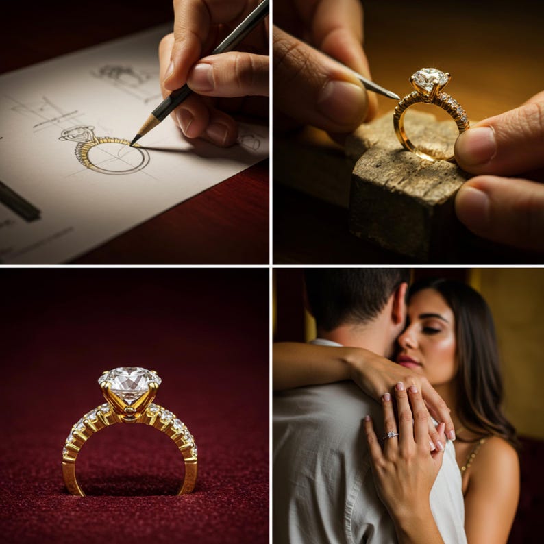 May include: A gold engagement ring with a large, round, clear diamond center stone and smaller diamonds set in the band.