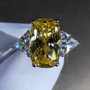 6 Carat Elongated Cushion Cut Moissanite Ring Vivid Yellow VVS 4 Claw Basket Bead-set