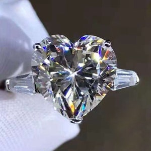 5 Carat Heart Cut Moissanite Ring  K-M Faint Color Three Stone Basket Tapered