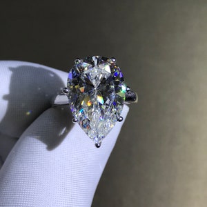 6 Carat Pear Cut Moissanite Ring 7 Prong Solitaire VVS G-H Near Colorless