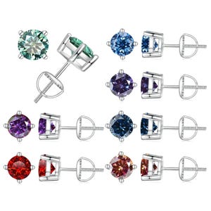 0.5 Carat, 1 Carat & 2 Carat Round Cut Blue, Red, Orange, Light Green 4-Prong Basket Vermeil Screw Back GRA Moissanite Stud Earrings