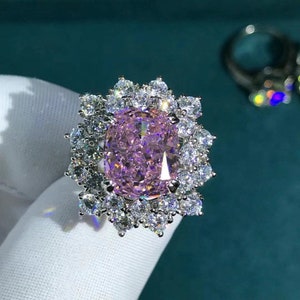 6 Carat Rare Cushion Cut Double Halo Pink VVS Moissanite Ring