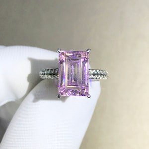 4 Carat Emerald Cut Moissanite Pink Basket Bead-set Band