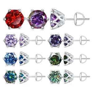 0.5 Carat, 1 Carat & 2 Carat Round Cut Red, Purple, Blue, Green Tulip Set Screw Back Vermeil GRA Moissanite Stud Earrings