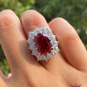 8 Carat Red Cushion Cut Halo Star Burst VVS Lab Grown Ruby Ring