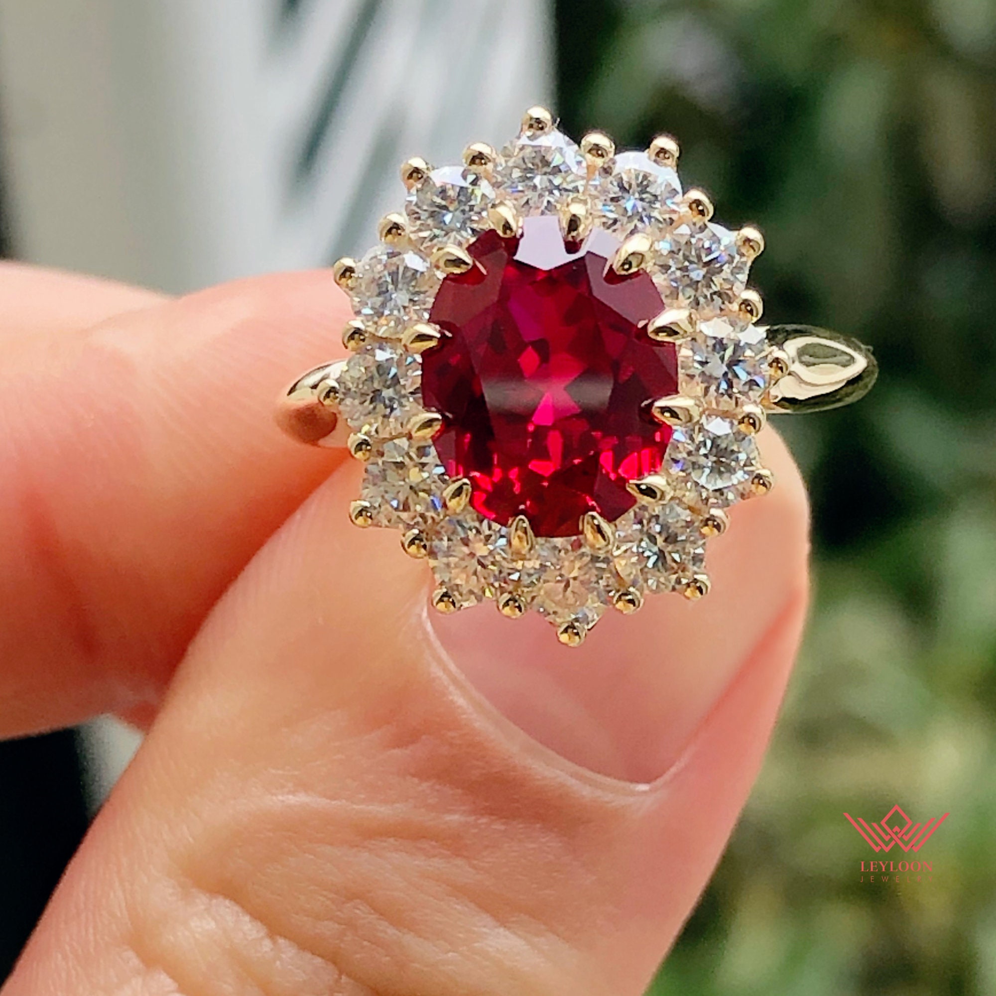 5 Carat Red Oval Cut Lab Grown Ruby Starburst Halo Pinched Cathedral ...