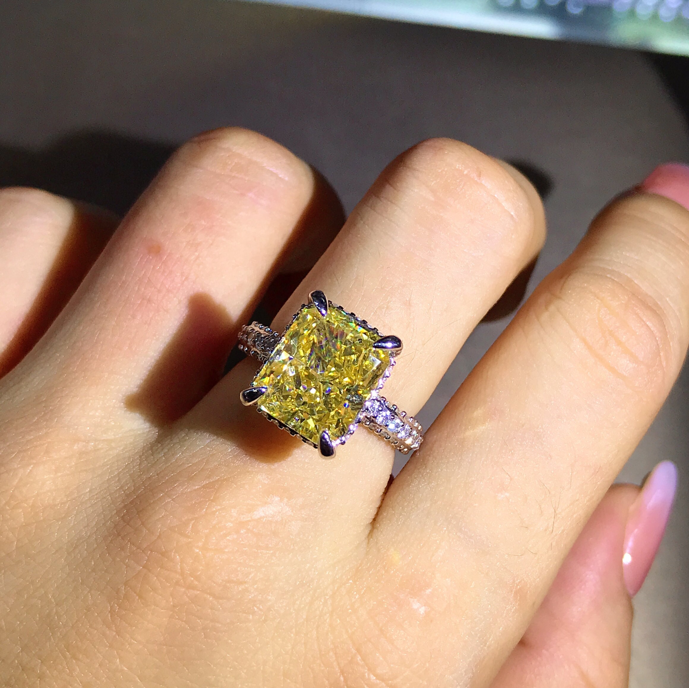 5 Carat Radiant Cut Moissanite Ring Vivid Yellow VVS Hidden Halo Bead-set Pave