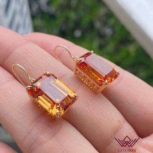 Emerald Cut Solitaire Lab Grown Orange Sapphire Hook Earrings