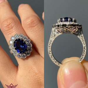 Oval Cut Blue Color Halo Filigree Milgrain VVS Lab Grown Sapphire Ring