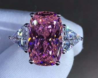 6 Carat Pink Elongated Cushion Cut Three Stone Reverse Tapered Moissanite Ring