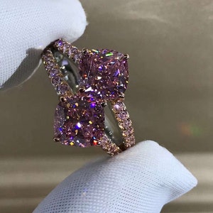 3 Carat Pink Cushion Cut Two Stone Basket Split Shank VVS Moissanite Ring