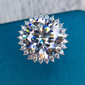 HUGE 13 Carat Round Cut Moissanite Ring Starburst Snowflake VVS D Colorless