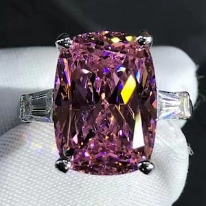 BIG 10 Carat Pink Cushion Cut Three Stone VVS Moissanite Rings