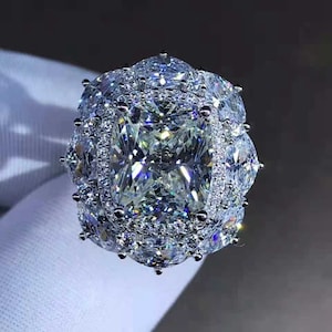 5 Carat Cushion Cut Moissanite Ring G-H Colorless Double Halo Pave