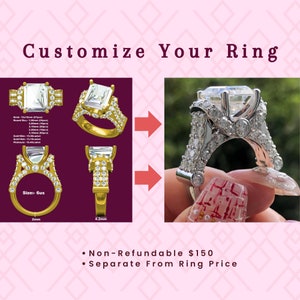 May include: A close-up of a custom-designed engagement ring with a large, square-cut center stone and a halo of smaller stones. The ring is set in a gold band and has a detailed design. The image also shows a smaller version of the ring, with a 2mm band and a 4.2mm band. The text "Size: 6us" is visible in the image.