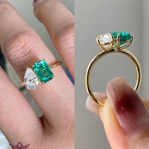 Two Stone Pear Cut D Color Moissanite Emerald Cut Basket Lab Grown Colombian Emerald Ring
