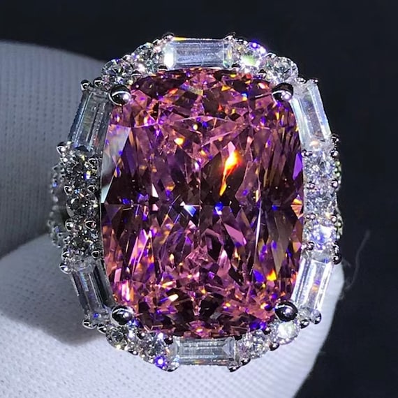 Rare Pink 10 Carat Cushion Cut Halo Bead Set VVS Moissanite Ring 