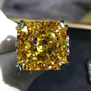 HUGE 20 Carat Square Radiant Cut Moissanite Ring Vivid Yellow VVS