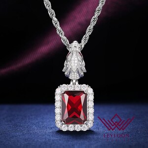 12 Carat Radiant Cut Red Pendant Halo Dragon Head Clasp Lab Grown Ruby Rope Chain Silver, 10K, 14K, 18K Gold, PT950 For Men and Women