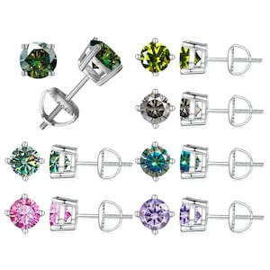 0.5 Carat, 1 Carat & 2 Carat Round Cut 4-Prong Basket Green, Rainbow, Pink, Purple Vermeil Screw Back GRA Moissanite Stud Earrings