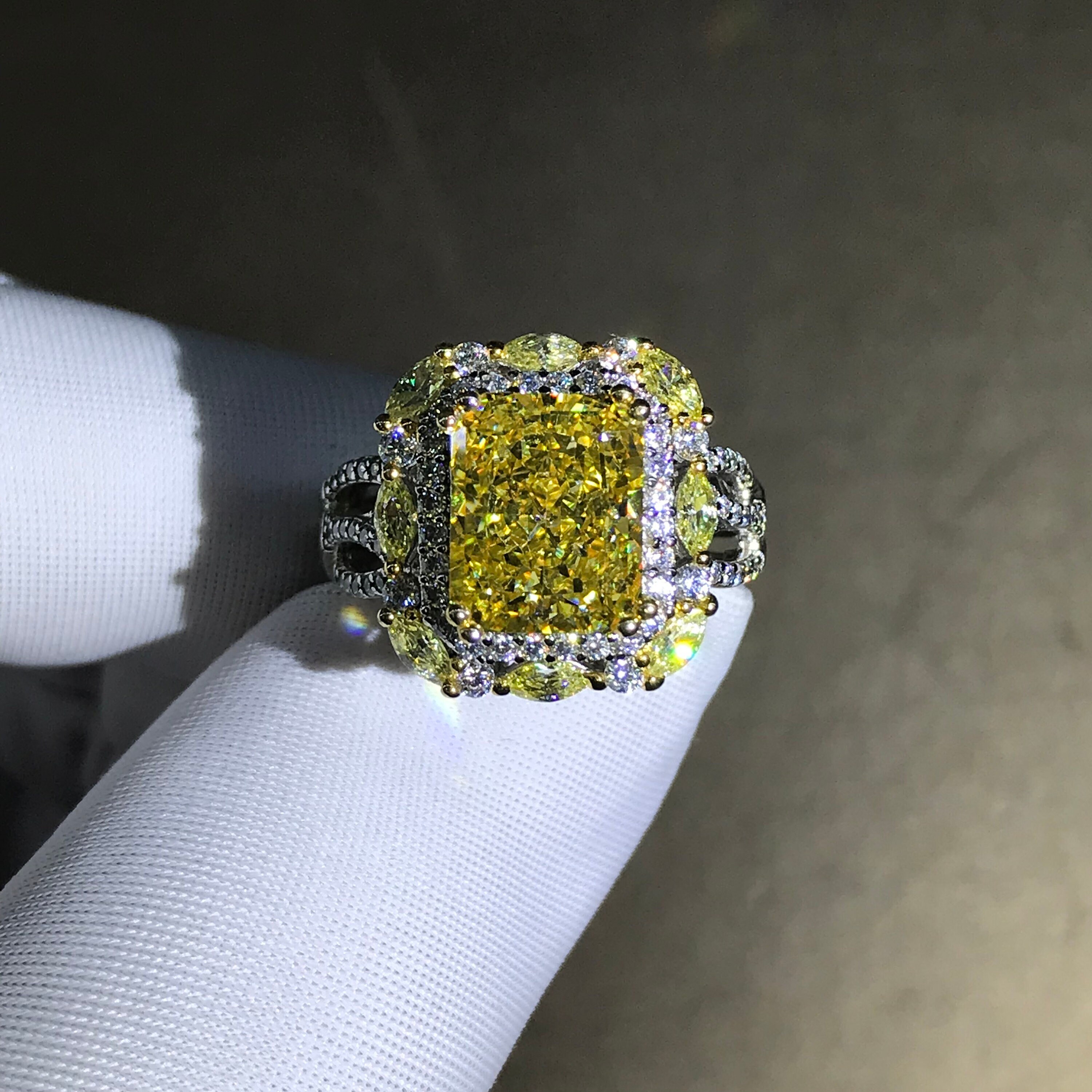 5 Carat Yellow Radiant Cut Moissanite Ring VVS Two-tone Double Halo
