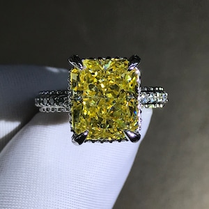 8 Carat Radiant Cut Moissanite Ring Vivid Yellow VVS Hidden Halo Bead-set Pave