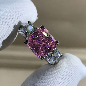 2 Carat Pink Radiant Cut Three Stone Plain Shank VVS Moissanite Ring