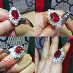 11 Carat Brilliant Cushion Cut Halo 14K White Gold VVS Lab Grown Red Ruby Ring 11*15mm - Custom Order