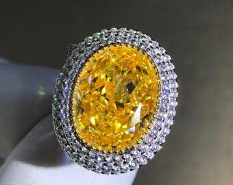 10 Carat Oval Cut Moissanite Ring Deep Yellow VVS Double Halo Split Shank