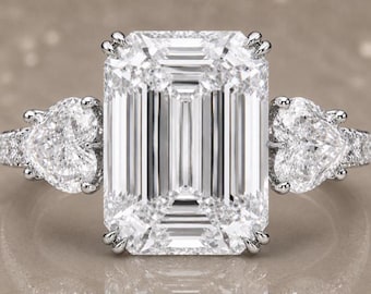 12 Carat Emerald Cut 4 Carat Heart Cut D Color Moissanite Ring – 14K White Gold