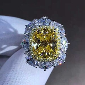 10 Carat Cushion Cut Moissanite Ring Vivid Yellow VVS Two-tone Double Halo Pave