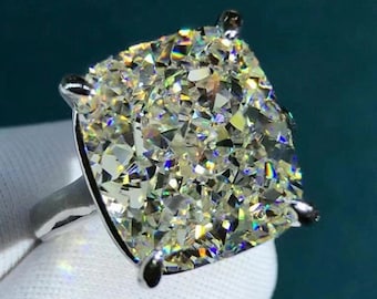 12 Carat IJ Color Cushion Cut Moissanite Ring - 4 Claw Cathedral Basket Solitaire 12x14mm