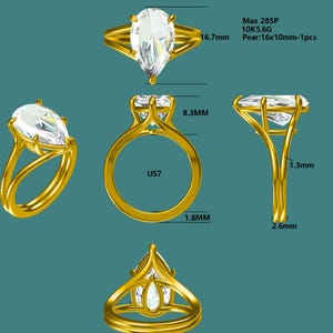 8 Carat Pear Cut Crushed Ice DEF Colorless VVS Moissanite Ring - 16*10mm 10K Yellow Gold Custom Order