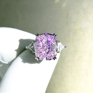 6 Carat Cushion Cut Three Stone Moissanite Pink Ring