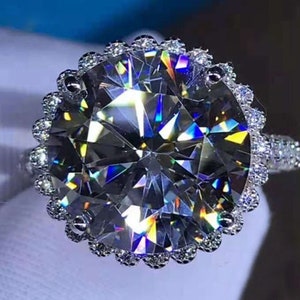 8 Carat Round Cut Moissanite Ring K-M Faint Color Flower Halo Pave Cathedral
