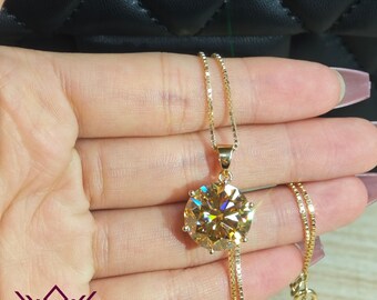 10 Carat Yellow Round Cut Champagne Color Moissanite VVS 14mm Solitaire Basket 18K Yellow Gold Necklace - Custom Order