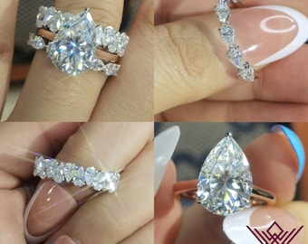 8 Carat Pear Cut Colorless moissanite three-piece Bridal Set - 15 CTW with 10*16mm main stone - 10K Solid Gold