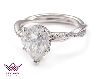 3 Carat Pear Cut D Colorless Hidden Halo Crossover Shank VVS Moissanite Ring