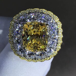 6 Carat Cushion Cut Moissanite Ring Vivid Yellow VVS Two-tone Triple Halo