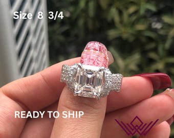 Emerald Cut Moissanite Ring – 14K White Gold, 6 Carat, Size 8 3/4