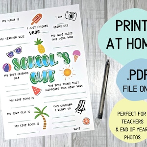 DIGITAL DOWNLOAD- School&#39;s Out Printable for End of School Year Review with Kids- Print at Home for Teachers & Photos on Last Day of Schooly