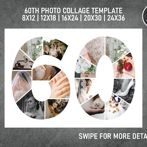 60th Birthday Number Photo Collage PDF / Pic Collage / Image Collage Template | 8x12, 12x18, 16x24, 20x30, 24x36 Inch | Canva