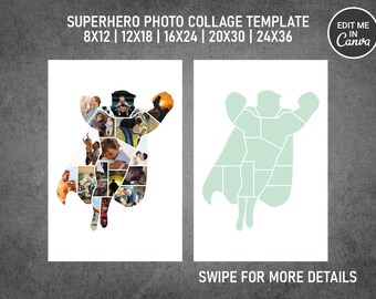 Father's Day Superhero Dad Photo Collage Template Canva PDF | 8x12, 12x18, 16x24, 20x30, 24x36 Inch