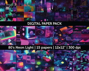 80's Retro Neon Digital Paper Scrapbooking High Quality JPG 300 dpi | 12x12 Inch